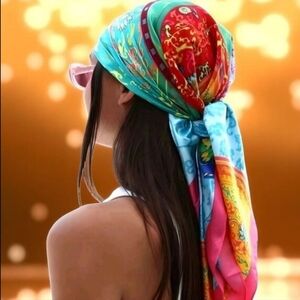 New "Vibrant Melody" Silky Scarf In Blue, Orange, Pink, Red | NWOT